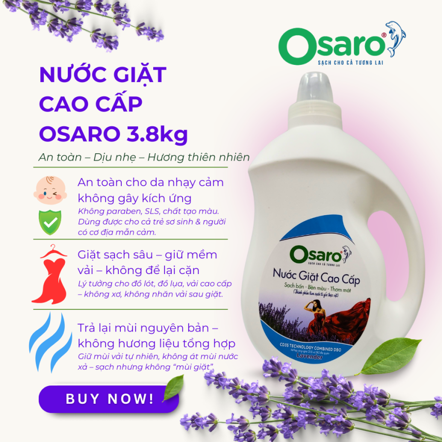 Nước giặt cao cấp OSARO can 3.8KG - Làm Sạch Sâu, Bảo Vệ Sợi Vải, Hương Thơm Tự Nhiên